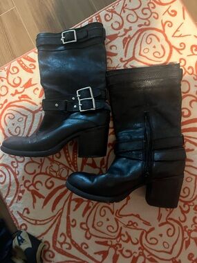 Cowgirl Black Leather Mid-Calf Buckle Boots